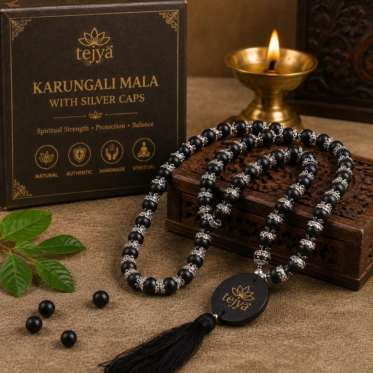 Karungali Mala with Silver Caps
