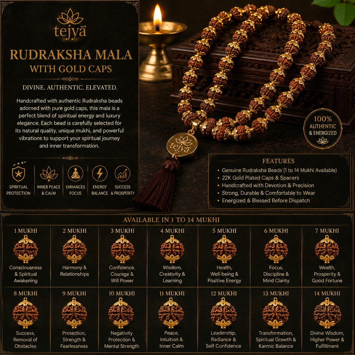 Rudraksha Mala with Gold Caps