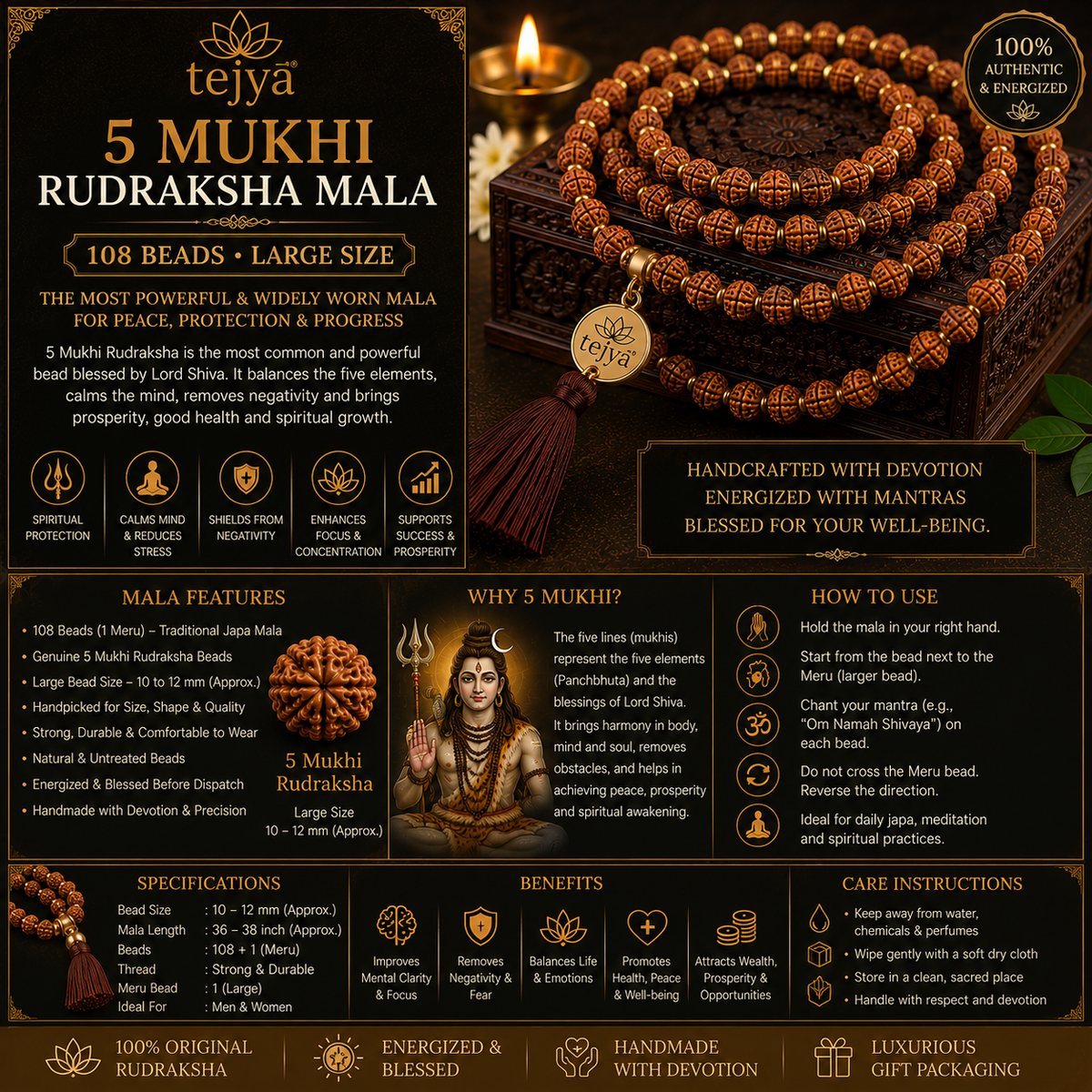 5 Mukhi Rudraksha Mala 108 Beads Large